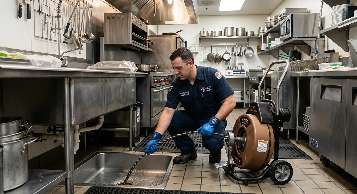 Commercial drain cleaning service in a restaurant kitchen in Five Corners
