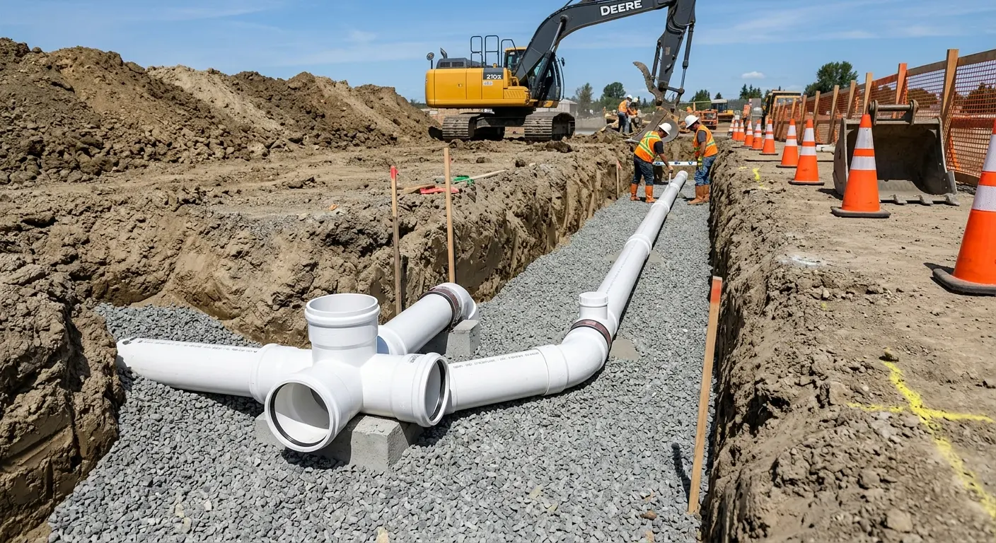 New PVC sewer pipe installation in open trench for Commercial Drain Cleaning in Five Corners
