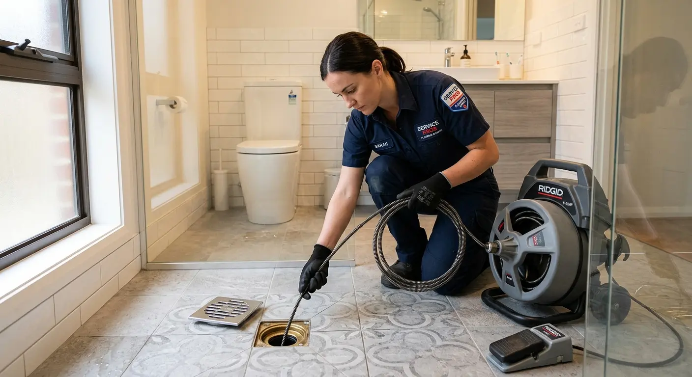 Technician clearing a bathroom floor drain for Sewer Line Installation in Five Corners